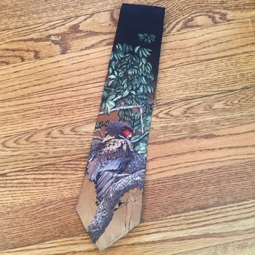 Vintage 90s Endangered Species “Bateleur” Eagle 100% Silk Brown & Tan Men’s Tie